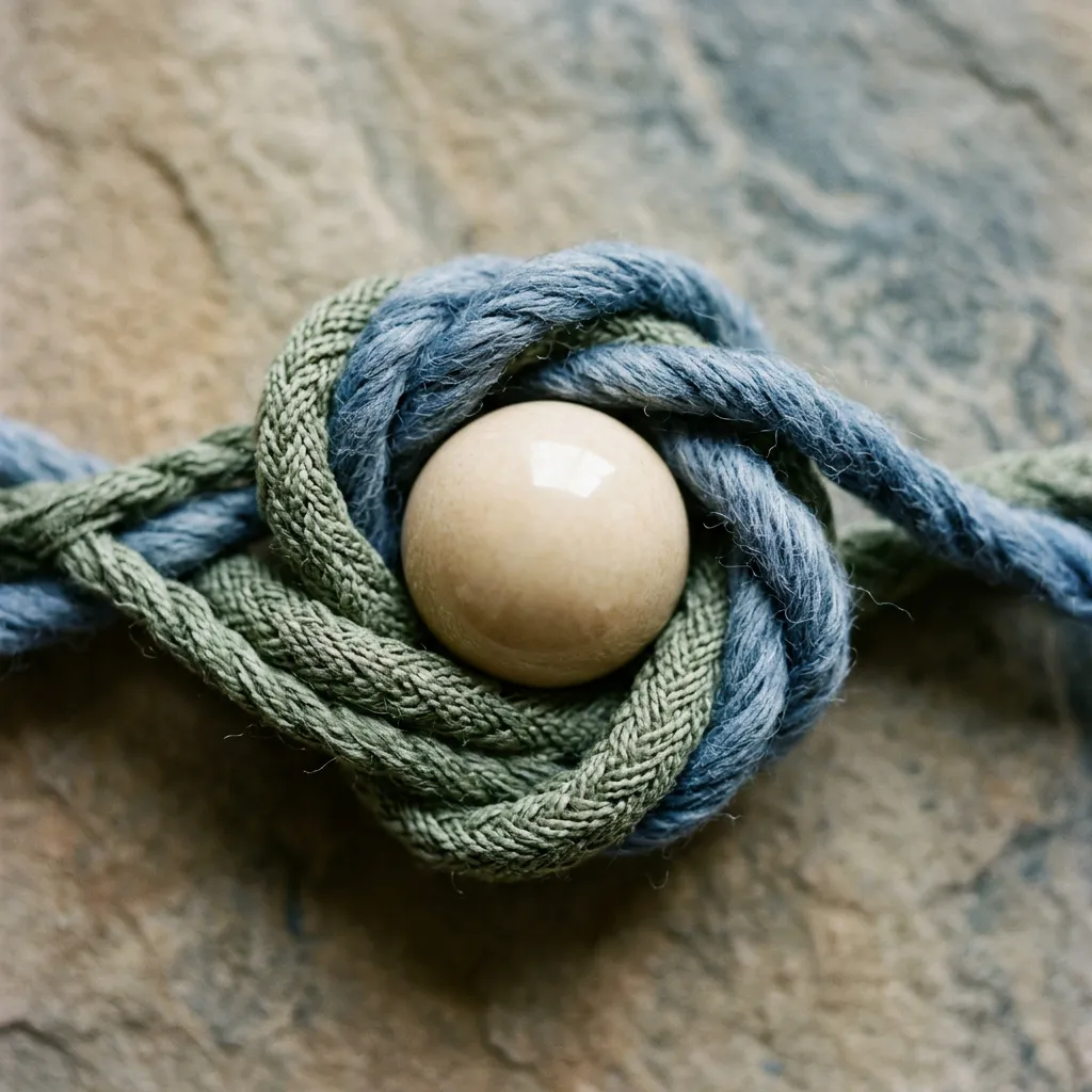 An artistic abstraction of intertwined green and blue fibers around a central ceramic sphere, representing the integration of body and mind.